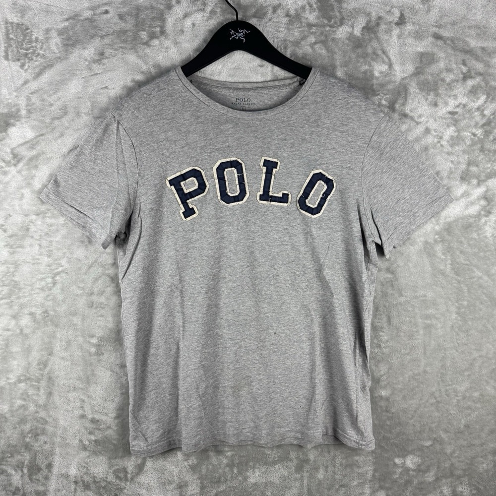 Ralph Lauren Polo Shirt Stitched Spell Out Crew Grey Mens Large Cotton Preppy